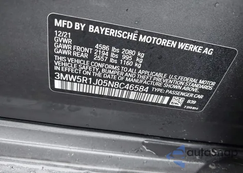 2022 BMW 330I z USA, uszkodzony, nr VIN 3MW5R1J05N8C46584